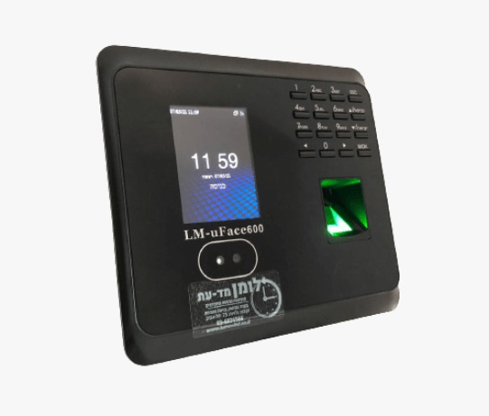 שעון נוכחות LM-uFace600 בצילום מהצד: מסך צבעוני, מצלמה לזיהוי פנים, קורא טביעת אצבע ומקלדת